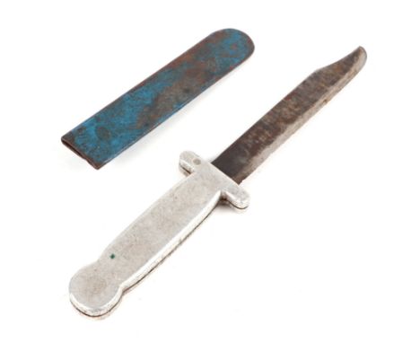 A WWI fighting knife with single edged dagger blade 15cms (6ins) and aluminium handle and crosspiece in a metal scabbard