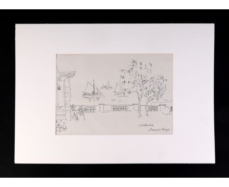 Francois Krige (South African 1930-1994) - Saldanha - a pen & ink sketch of boats and a balustrade in the foreground, signed 
