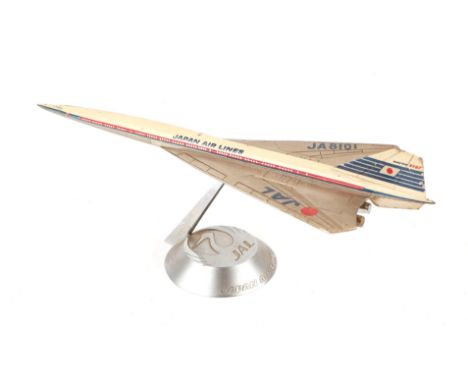 A 1960's cast model of a Japan Airlines 2707, 31cms long.Condition ReportSome of the paint is chipping and one of the engine 
