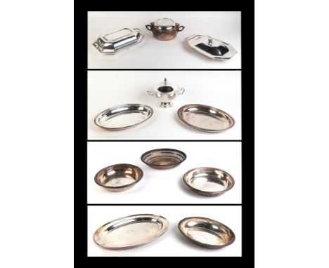 A quantity of assorted silver plated items to include entree dish and cover, the cover with dog mask handles holding hunting 