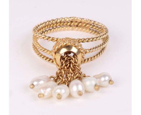 A yellow metal and pearl ring, approx UK size 'M', 4.6g.