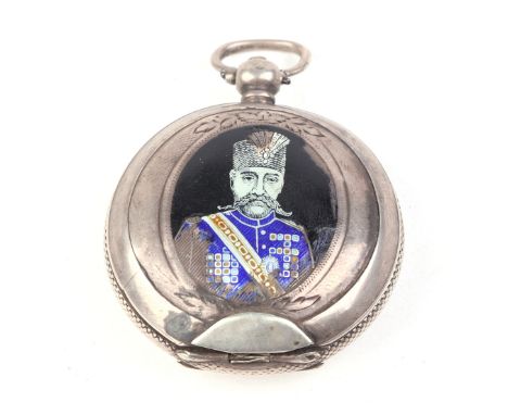 A silver and enamel cased full hunter pocket watch for the Persian market, the case with an enamel portrait of a shah, the wh