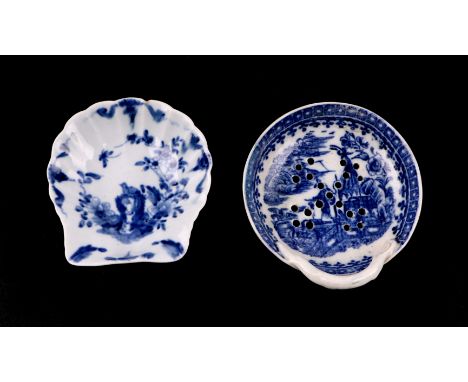 An 18th century Worcester blue & white Two Peony Rock Bird pattern shell shaped pickle dish, 8 by 7.5cms; together with a Cau