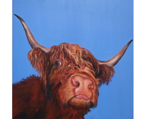 J Squire (modern British) - Highland Cattle - head & shoulder portrait, acrylic on canvas, 103 by 102cms, unframed.