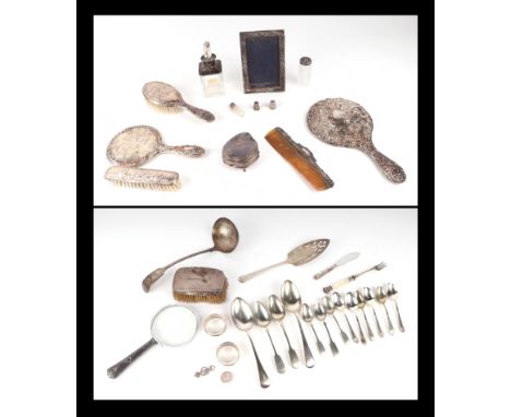 A silver trinket box; together with a silver photo frame; a silver mounted scent bottle; two silver napkin rings; a silver ba