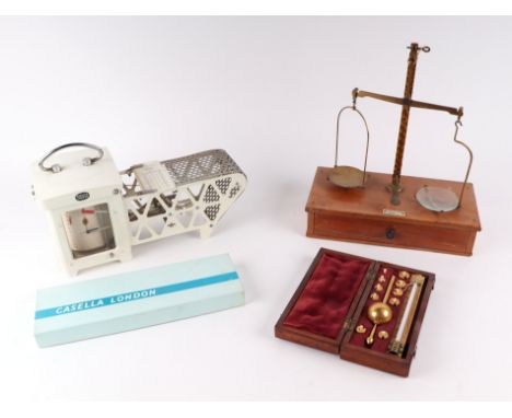 A Casella of London Thermohygrograph, a mahogany cased Sikes Hydrometer; together with a William Webb set of balance scales (