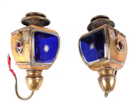 A pair of early 20th century BRC opera type oil luminated side lights (converted to electricity) with flange mounts with deco