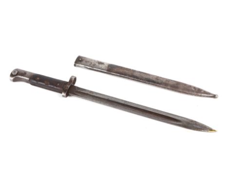 A WWII Czechoslovakian VZ98/22 Mauser bayonet in its steel scabbard. Marked to the ricasso CSZ O. Blade length 30cms (11.75in