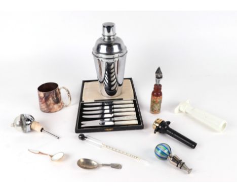 An Art Deco style silver plated cocktail shaker, 23cms high; together with other drinking implements, a set of six mother of 