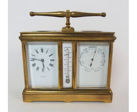 A French brass and glass integrated carriage clock, barometer, compass and thermometer rectangular case with clock with Roman