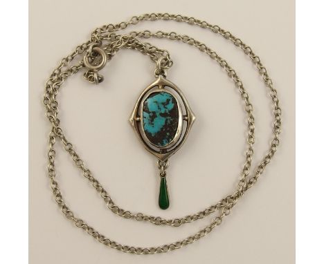 A silver Charles Horner pendant the centre set with a turquoise with a green enamel drop, length 40mm from the top of the bai