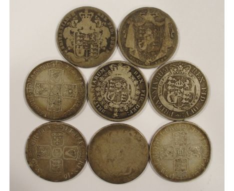 Seven British Half Crowns 1697 William III, fair condition William and Mary, date obscured, very poor condition 1707E Queen A