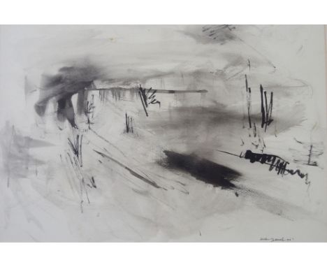 •WILLIAM JOHNSTONE OBE (Scottish 1897 - 1981) BORDERS RIVER LANDSCAPE Ink and wash, signed and dated (19)71, 23.5 x 33.5cm (9