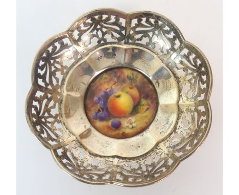 A Royal Worcester painted miniature fruit plate with silver mount painted with two apples and a bunch of grapes to centre, si