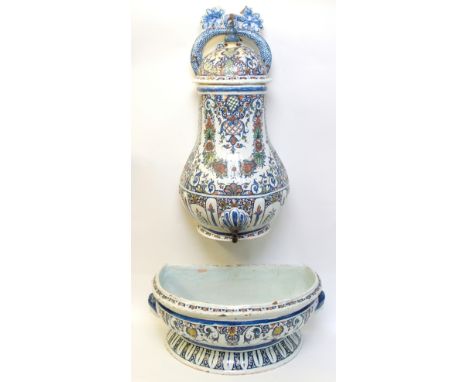 A French faience cistern with cover and basin 18th Century, vessel with spout and cover, matching hemispherical basin, all wi