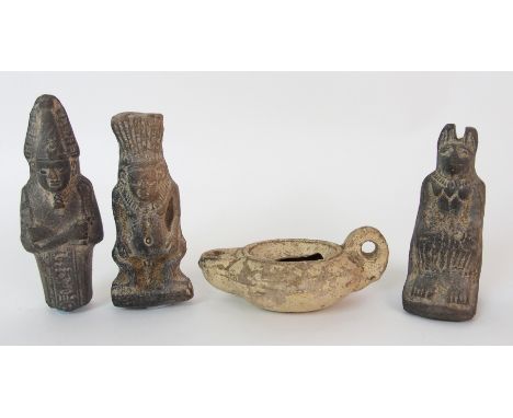 An Egyptian carved stone statue of a Jackal-headed god 9cm high, carving of a fat bellied idol, 9.5cm high, carving of a Shab