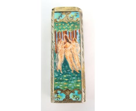 A silver gilt and enamel lipstick holder no maker's mark, marked 900, of rectangular shape with foliate engraving on three si