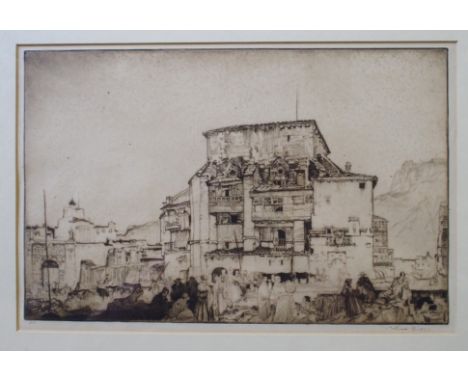 •SIR WILLIAM RUSSELL FLINT PRA, PRWS, RSW, ROI, RE (Scottish 1880 - 1969) SPANISH VILLAGE SQUARE Etching, signed, 22 x 34cm (