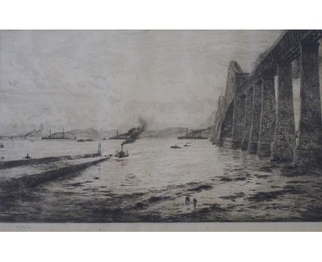 WILLIAM LIONEL WYLLIE RA, RE, RBA, RI, NEA (British 1851 - 1931) THE FORTH BRIDGE Drypoint etching, signed, 22.5 x 38cm (8 3/