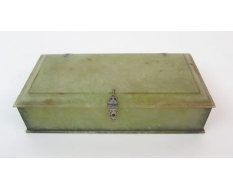 A Mughal jade rectangular box with white metal pierced strap hinges, 17.5cm wide