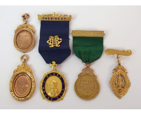 A group of Gold Burns Club medals to Mathew Reid 9ct gold hallmarked Burns House Club oval medal, the medal with bust of Burn