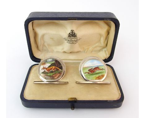 A cased pair of silver and enamel menu holders by Sampson Mordan & Co., Chester 1904, of circular shape mounted on a circular