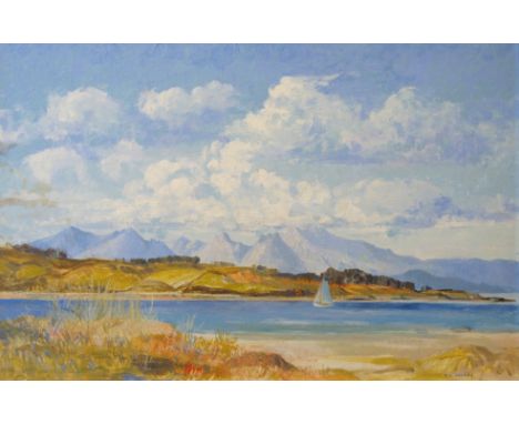 •TOM HOVELL SHANKS RSW, RGI, PAI (Scottish b. 1921) CUMBRAE AND ARRAN HILLS Oil on panel, signed, 49.5 x 75cm (19 1/2 x 29 1/