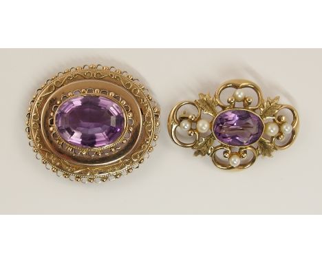 Two rose gold Victorian amethyst set brooches one is also a pendant with delicate filigree and ball mount in rose coloured me