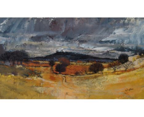 •GORDON H WYLLIE RSW (Scottish 1930 - 2005) REWNFREWSHIRE LANDSCAPE Gouache and pastel, signed, 11.5 x 22cm (4 1/2 x 8 1/2") 