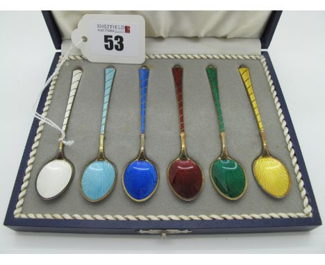 Egon Lauridsen; A Set of Six Danish Harlequin Enamel Demitasse Spoons, gilt, stamped "Ela Denmark Sterling 925 S" (9.4cm long