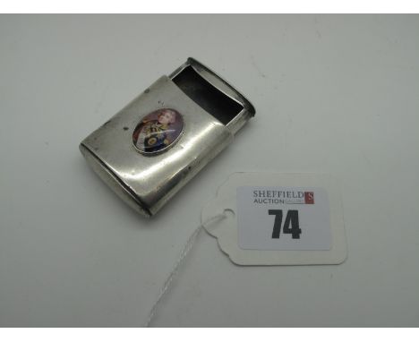 A Hallmarked Silver Vesta Case, Birmingham 1887, of slide out action, oval collet set to the front with ceramic panel portrai