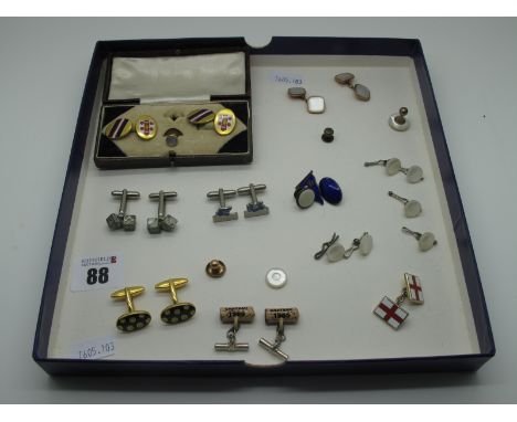 A Pair of Vintage L'sB Enamel Gent's Cufflinks, the oval panels on chain connections (one detached); a blue enamel flag cuffl