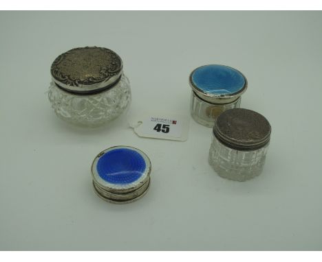 A Small Hallmarked Silver and Enamel Lidded Pot, CEW&amp;S, Birmingham 1927, the pull off over highlighted in blue and white,