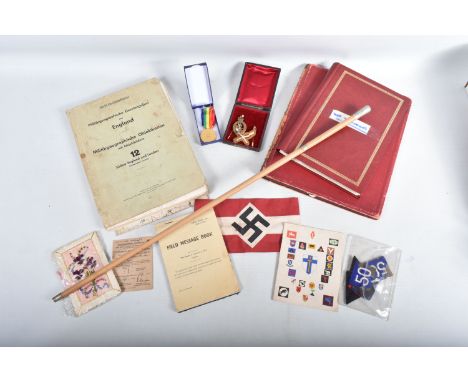 A MIXED COLLECTION OF ASSORTED BRITISH AND GERMAN MILITARIA , this lot includes a swagger stick with white metal top, collar 