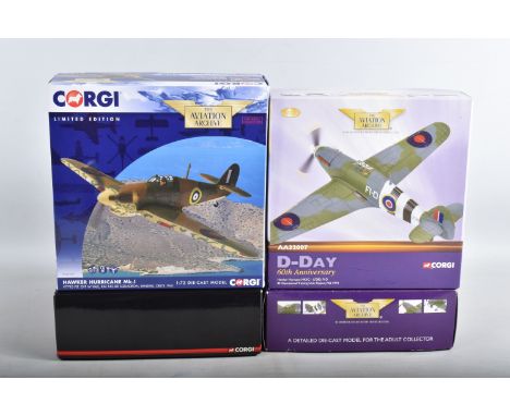 FOUR BOXED CORGI AVIATION ARCHIVE DIECAST MODEL AIRCRAFTS, the first is a limited edition 1:72 scale Hawker Hurricane numbere