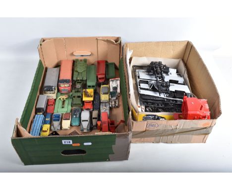 A QUANTITY OF UNBOXED AND ASSORTED PLAYWORN DIECAST VEHICLES, to include Tri-ang Spot-On A.E.C. Mammoth Major 8 Flatbed Lorry
