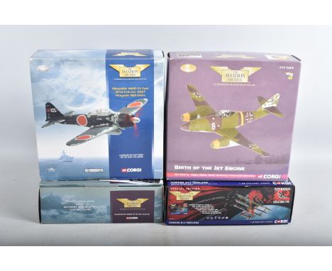FOUR BOXED LIMITED EDITION CORGI AVIATION ARCHIVE DIECAST MODEL AIRCRAFTS, the first is a 1:72 scale Messerschmitt Bf109E num