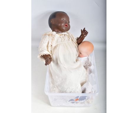 TWO ARMAND MARSEILLE BISQUE HEAD DOLLS, larger one with nape of neck marked 'A.M. Germany. 351/8K', fixed glass eyes, open mo