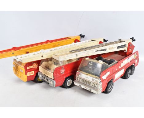 THREE UNBOXED PLAYWORN REGULAR TONKA TOYS FIRE TRUCKS, larger size versions approx.50cm long,  all complete with turntable an