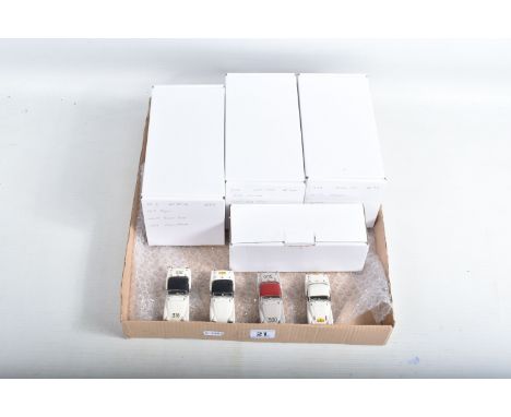 FOUR CONSTRUCTED K &amp; R REPLICAS TRIUMPH TR3 SPORTS CAR MODEL KITS, all 1/43 white metal kits that have been constructed a