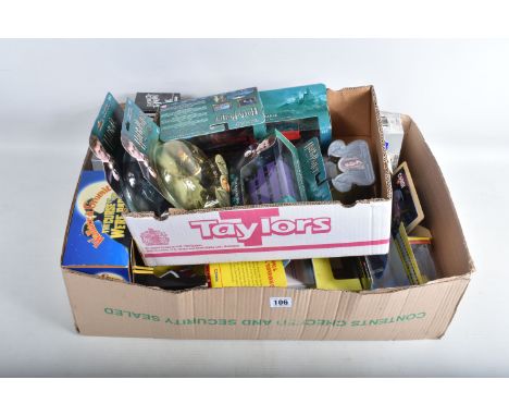 TWO TRAYS OF BOXED TV AND FILM MODEL VEHICLES AND HARRY POTTER FIGURES, Harry potter items include a boxed Corgi The Knight B