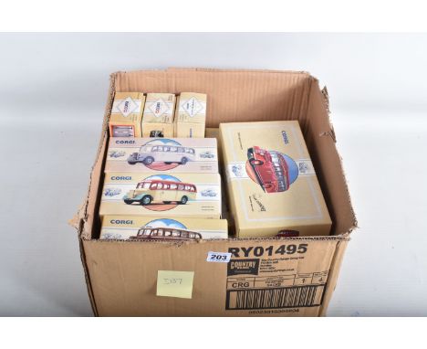 THIRTEEN BOXED DIE CAST MODEL BEDFORD COACH CLASSIC COMMERCIALS FROM CORGI WITH LTD EDITION CERTIFICATES , to include three 7