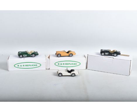 FOUR CONSTRUCTED K &amp; R REPLICAS TRIUMPH TR2 SPORTS CAR MODEL KITS, all 1/43 white metal kits that have been constructed a
