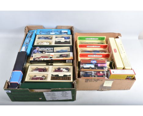 TWO BOXES OF BOXED LLEDO AND OTHER MODEL VEHICLES AND VEHICLE SETS, some of these include a Days Gone Castrol Motor oil two v