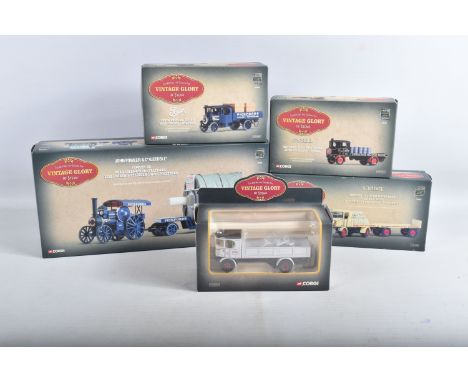 A TRAY OF FIVE BOXED 1/50 SCALE CORGI VINTAGE GLORY OF STEAM DIECAST MODEL VEHICLES, the first is a 1928 Sentinel Dropside 6 
