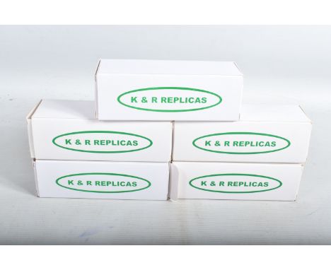 FIVE BOXED UNBUILT K &amp; R REPLICAS TRIUMPH TR3 AND TR3A SPORTS CAR MODEL KITS, all are 1/43 scale white metal models, 1956
