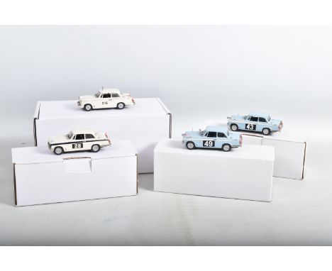 FOUR CONSTRUCTED K &amp; R REPLICAS TRIUMPH SPORTS CAR MODEL KITS, all 1/43 white metal kits that have been constructed and f
