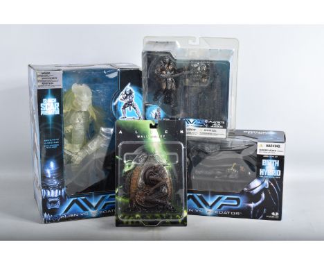 FOUR BOXED ALIEN AND PREDATOR PLAYSET FIGURES, to include an Alien vs Predator Birth of The Hybrid Box-Set By McFarlane Toys,