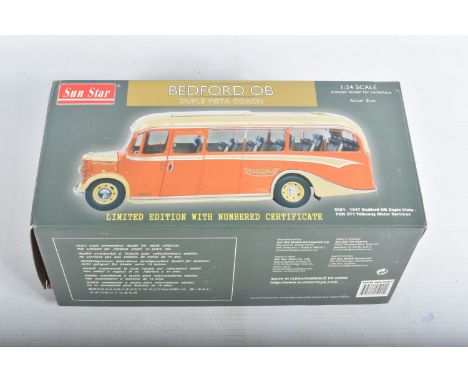 A BOXED SUN STAR 1:24 SCALE DIECAST BEDFORD OB DUPLE VISTA COACH, No. 5001, version in Yelloway Motor Services livery, includ