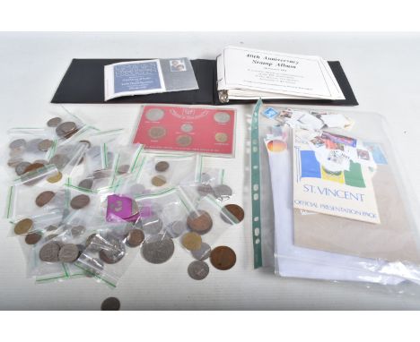 COLLECTORS LOT OF STAMPS AND COINS INC 1967 GB COIN SET AND 1992 ROYAL RUBY WEDDING OMNIBUS